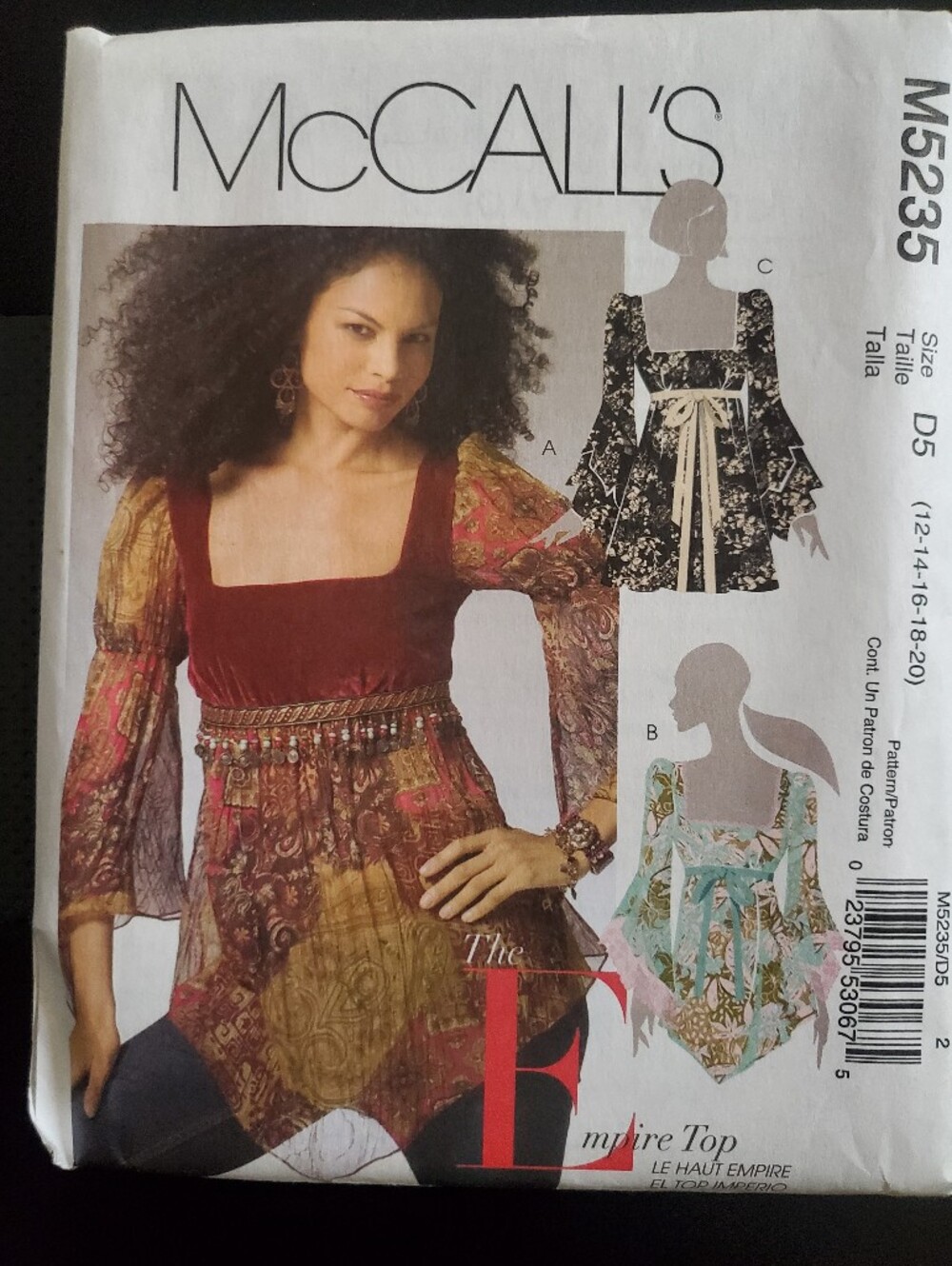McCalls Women's M5235 Empire Top - Square Neck Blouse 12-14-16-18-20 NEW